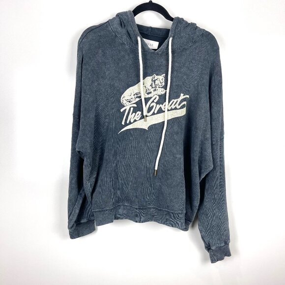 THE GREAT. The Teammate Hoodie Cougar Print Oversized Blue Women's Size 2 Medium - Picture 2 of 10